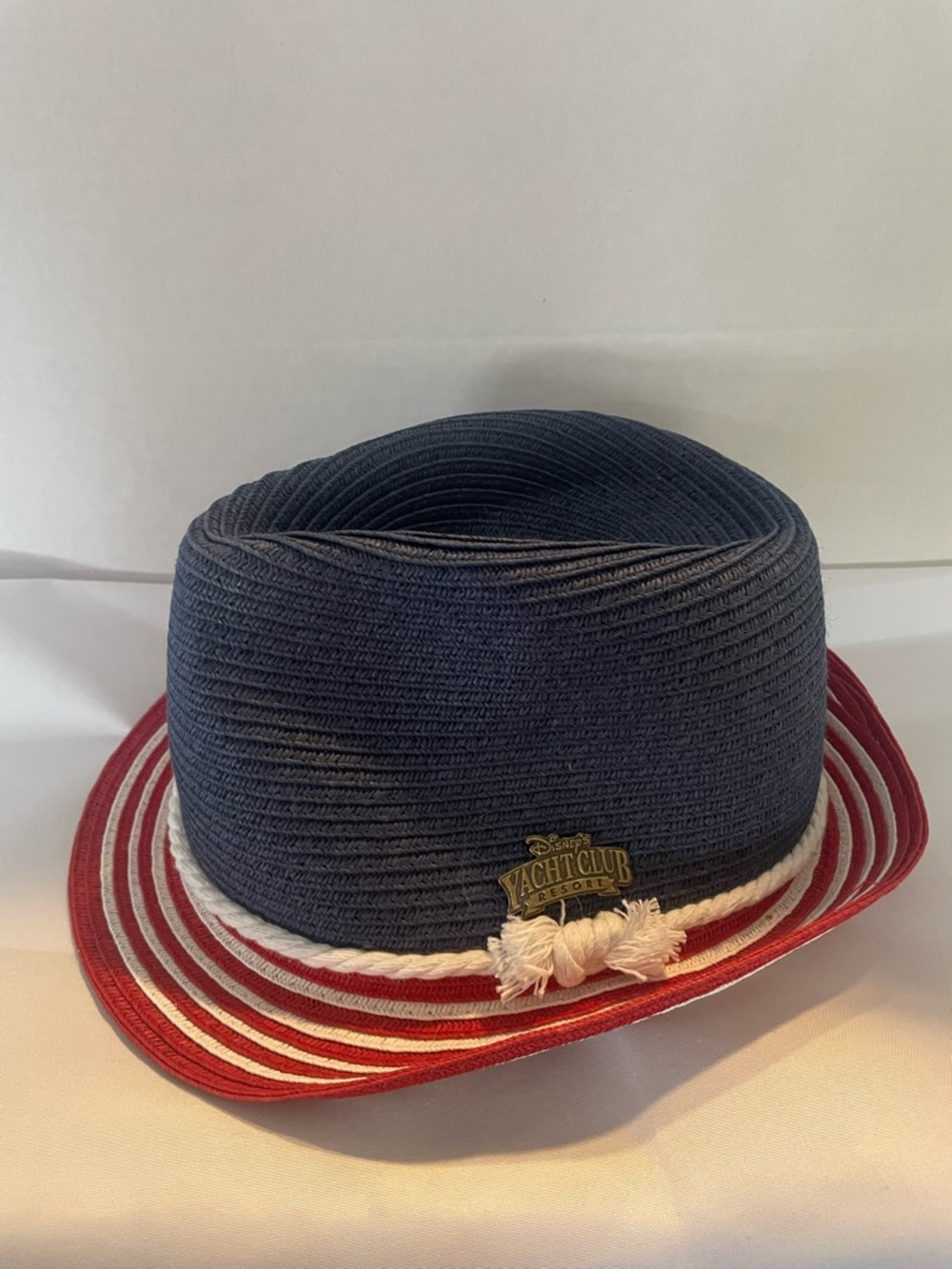 Authentic Disney Yacht Club Resort Navy Straw Fedora w/Red & White Stripes Brim